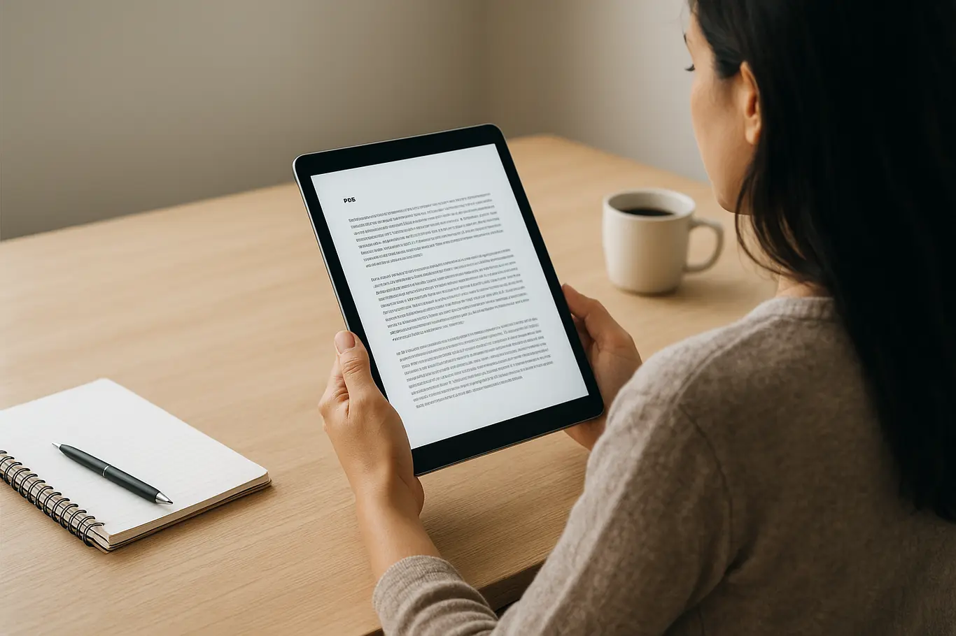 Pessoa brasileira de costas lendo PDF em tablet sobre mesa de madeira clara