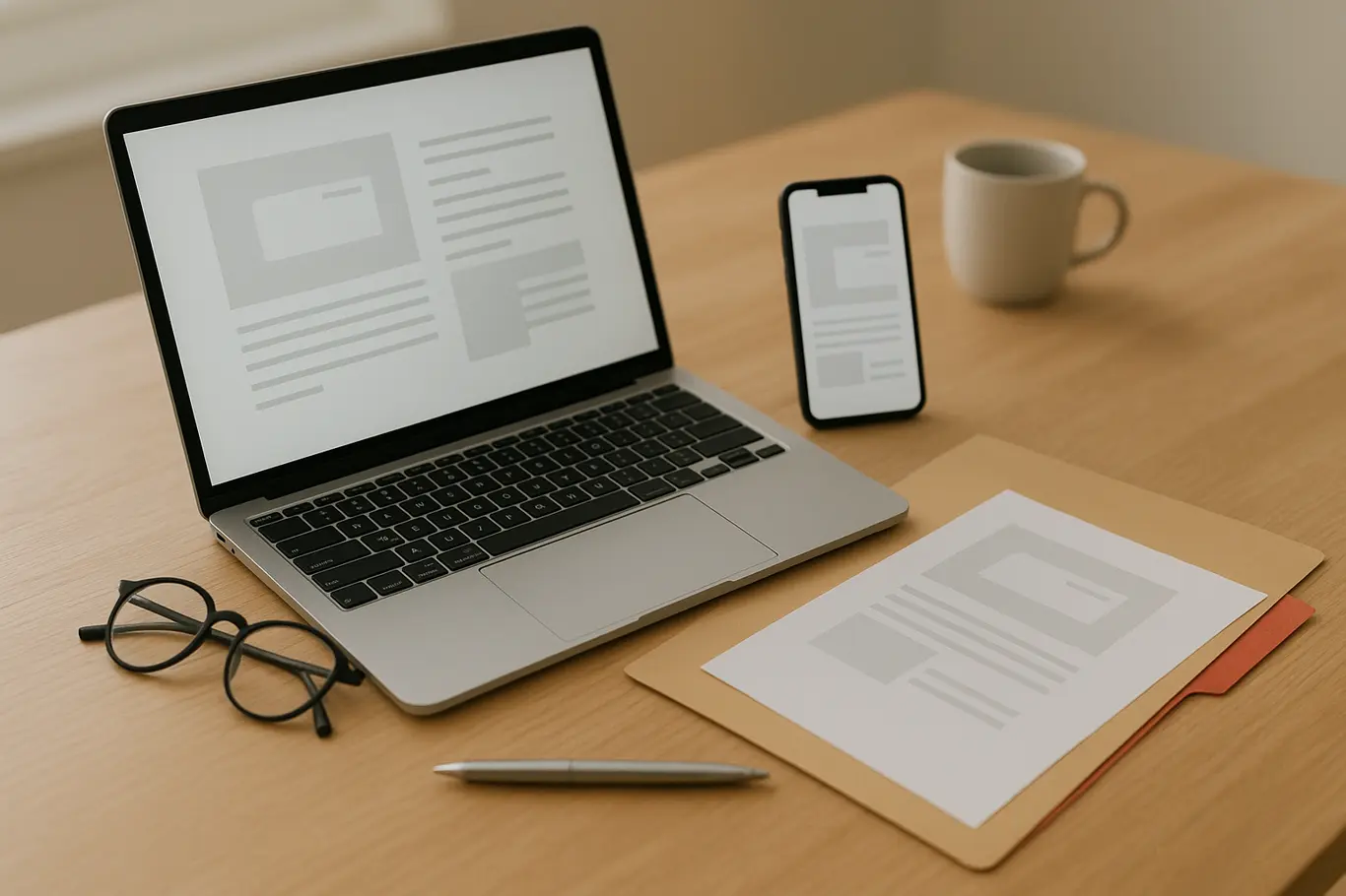 Estação de trabalho com laptop e smartphone mostrando miniaturas de documentos abstratas, pasta com aba vermelha