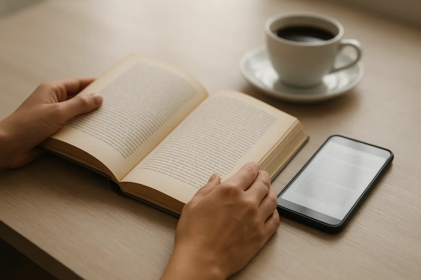 Mãos abrindo livro físico sobre mesa clara com smartphone desfocado e xícara de café ao fundo