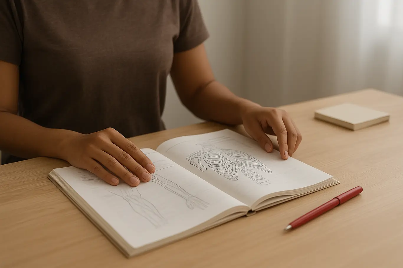Pessoa apenas com mãos folheando folhas com questões sobre anatomia sobre mesa organizada, caneta vermelha ao lado.