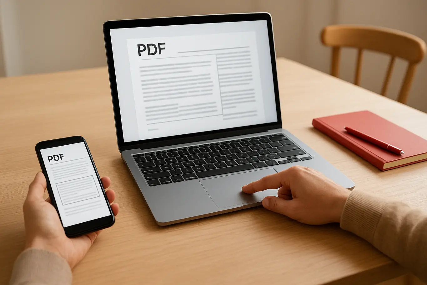 Workspace aberto com laptop e smartphone mostrando seleção em PDF, mãos apontando para a tela