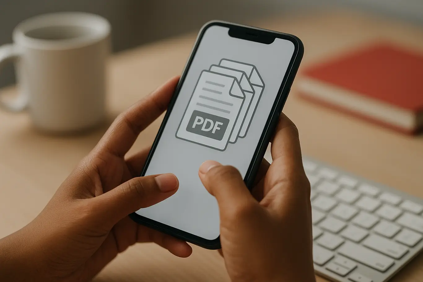 Close-up de mãos organizando PDFs em smartphone ao lado de teclado