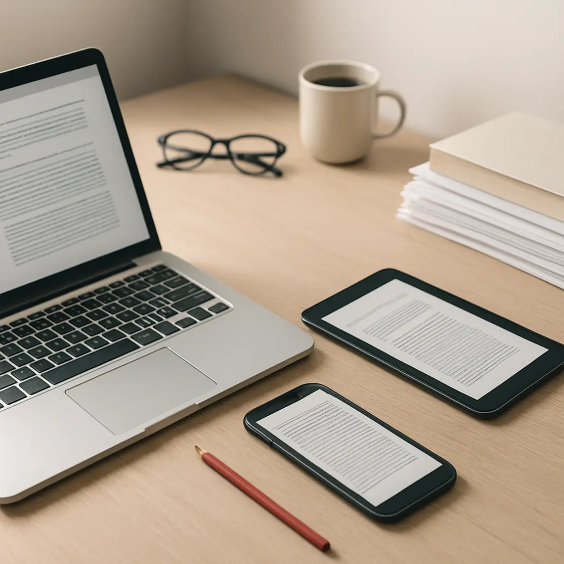 Workspace com notebook, smartphone e pilha de PDFs sobre mesa de madeira clara