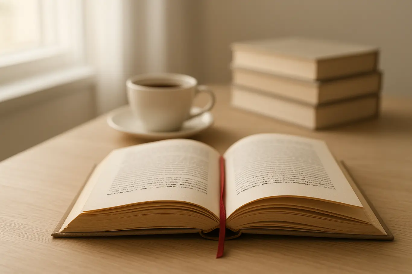 Livro aberto em mesa de madeira clara com xícara de café e luz do sol entrando pela janela