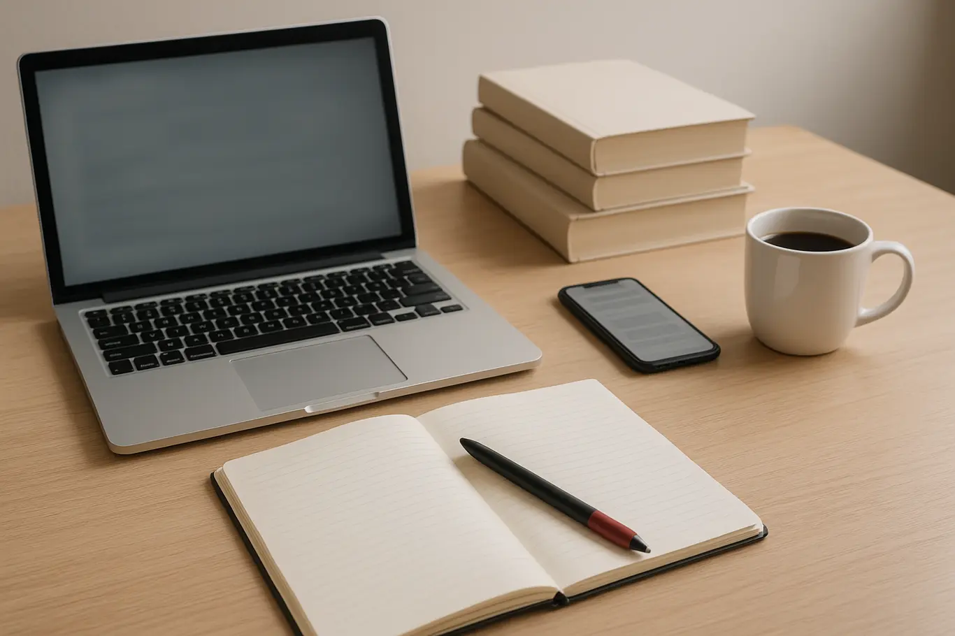 Mesa de trabalho com notebook desfocado, pilha de livros e smartphone