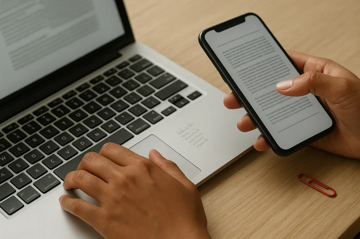 Close-up das mãos usando notebook e smartphone com trechos de PDF genérico, foco nas mãos