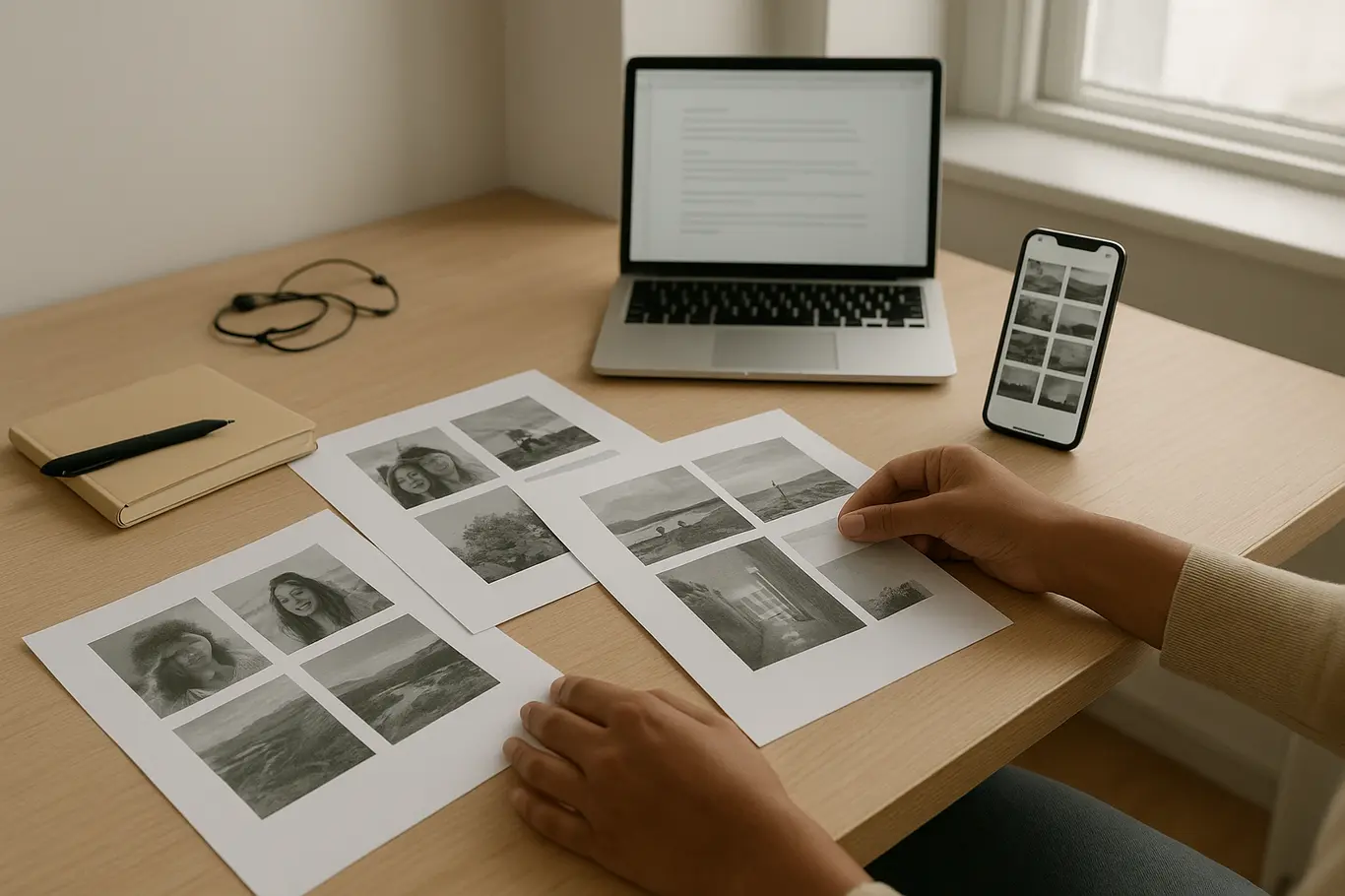 Workspace amplo com notebook, smartphone e mãos organizando folhas impressas sobre mesa de madeira clara