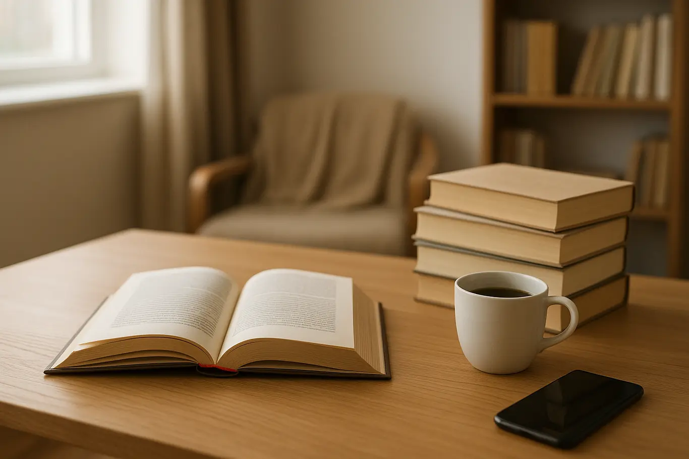 Mesa de leitura com livro aberto, pilha de livros, xícara de café e marcador vermelho em luz natural