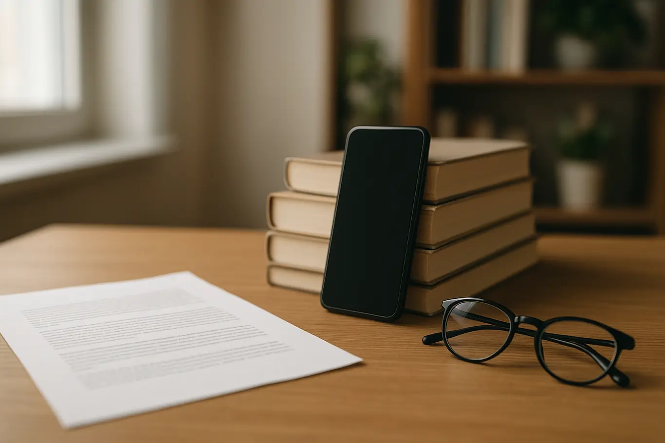 Mesa de leitura com pilha de livros, óculos e documento impresso desfocado