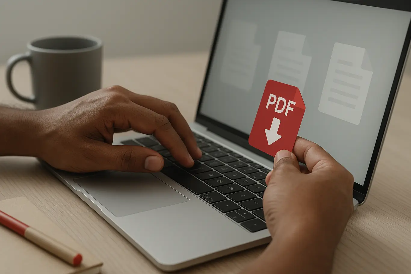 Close-up das mãos arrastando miniatura de PDF no laptop para juntar arquivos