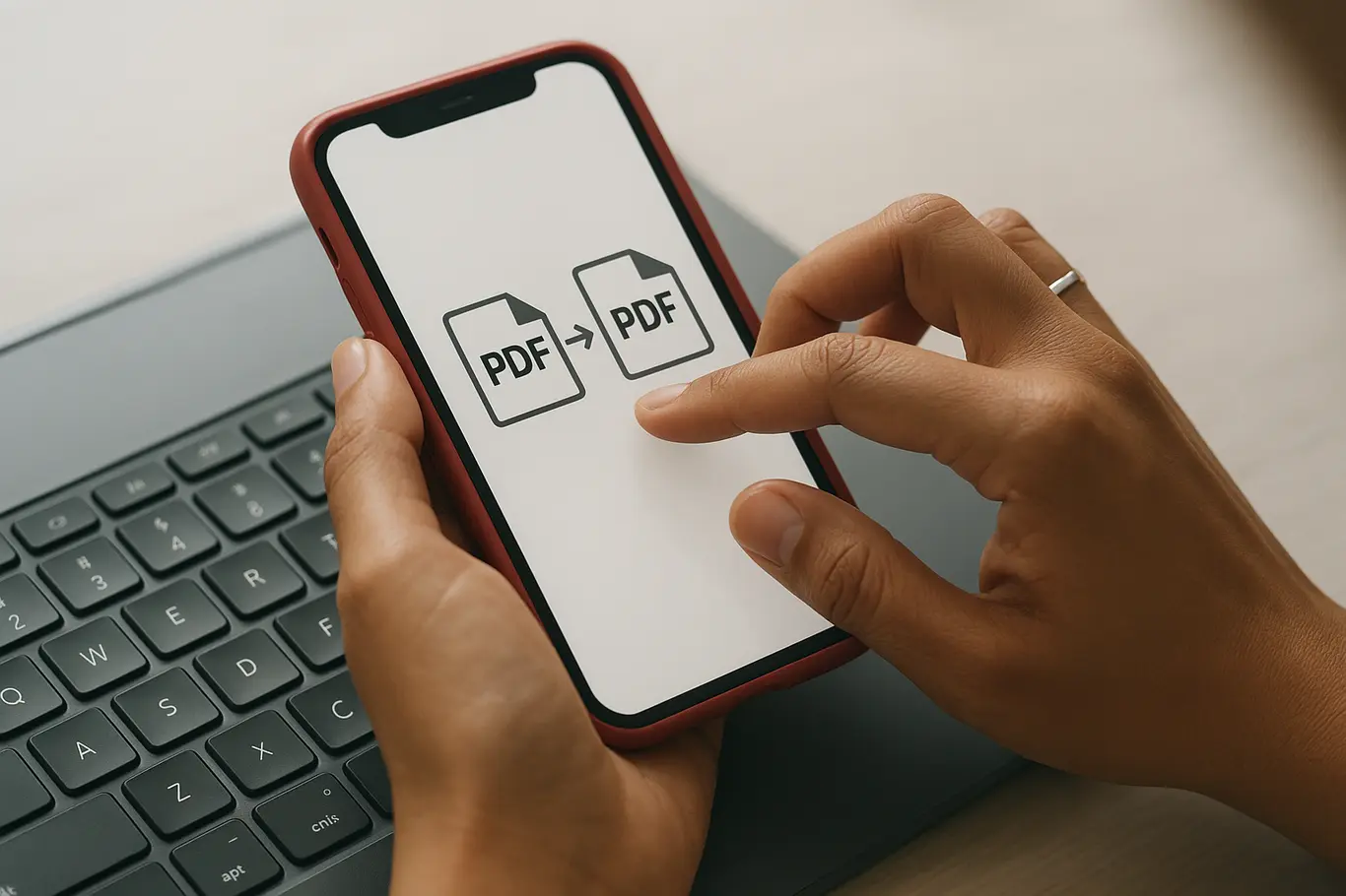 Close-up de mãos digitando e tocando smartphone para mesclar arquivos PDF