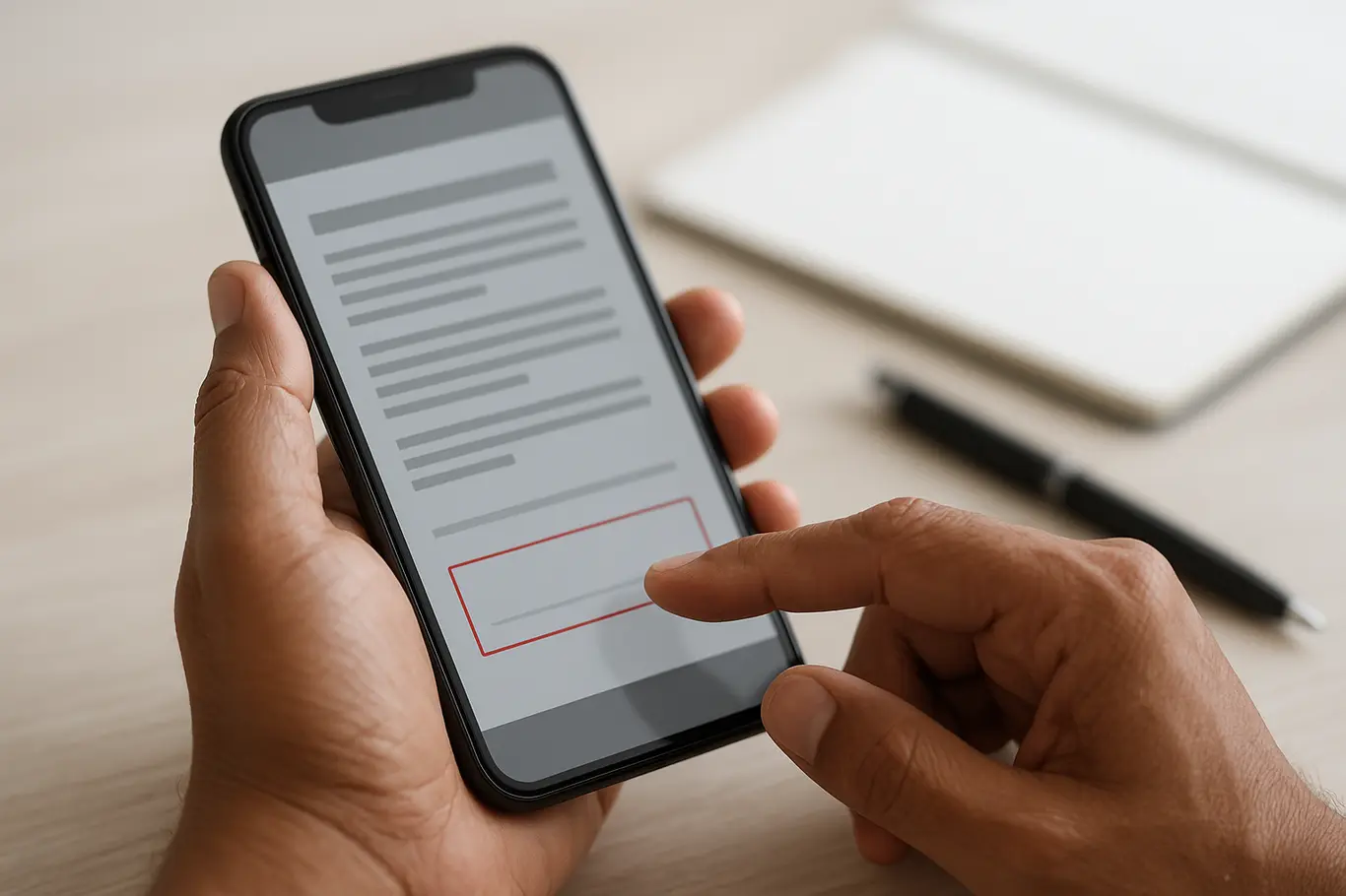 Close-up de mãos brasileiras tocando tela de smartphone com PDF e área de assinatura destacada