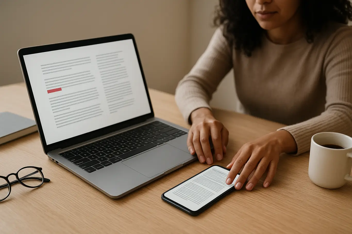Workspace com notebook e smartphone mostrando PDFs genéricos sobre mesa clara, pessoa ao fundo parcialmente fora de foco