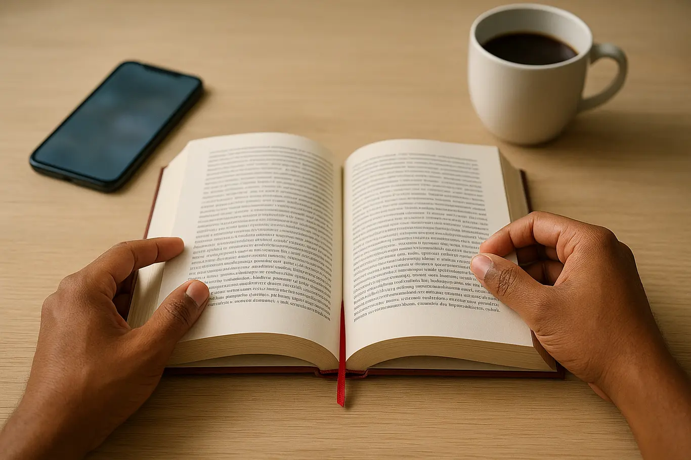 Mãos folheando livro com smartphone desfocado ao lado