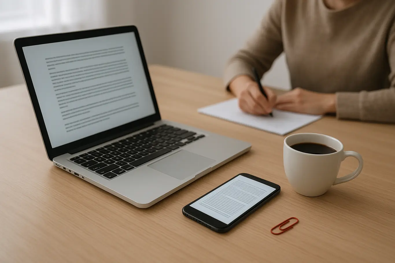 Workspace aberto com notebook e smartphone mostrando documento genérico, pessoa ao fundo desfocada