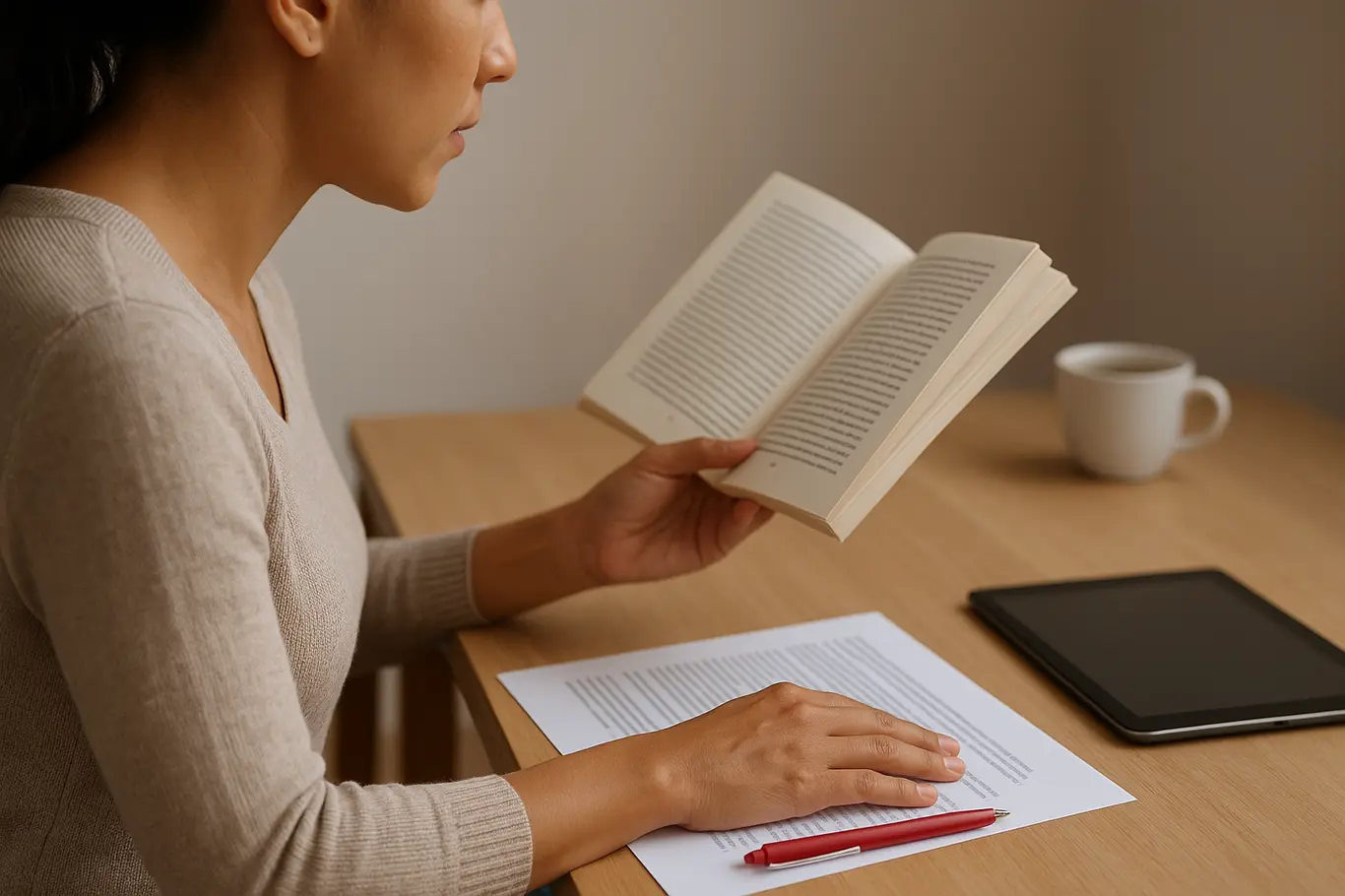 Pessoa de perfil lendo livro com folha impressa ao lado e tablet fechado, ambiente de leitura aconchegante