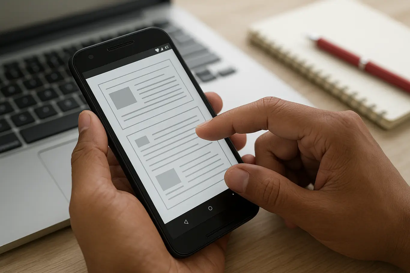 Close-up de mãos tocando tela de smartphone com PDFs