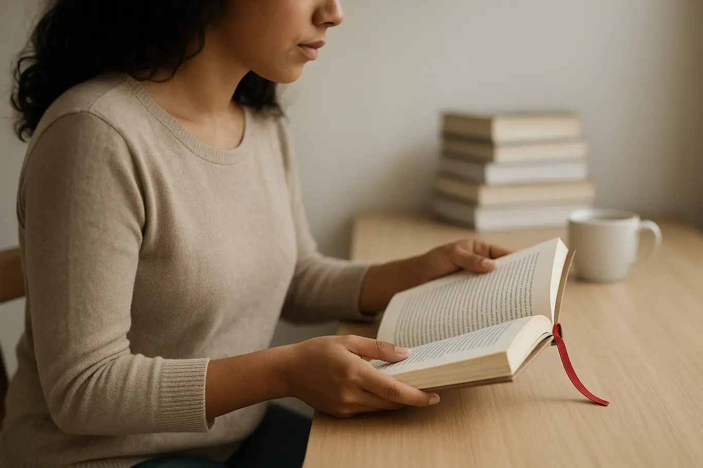 Plano médio de mulher folheando livro numa mesa clara, mãos em foco e rosto desfocado