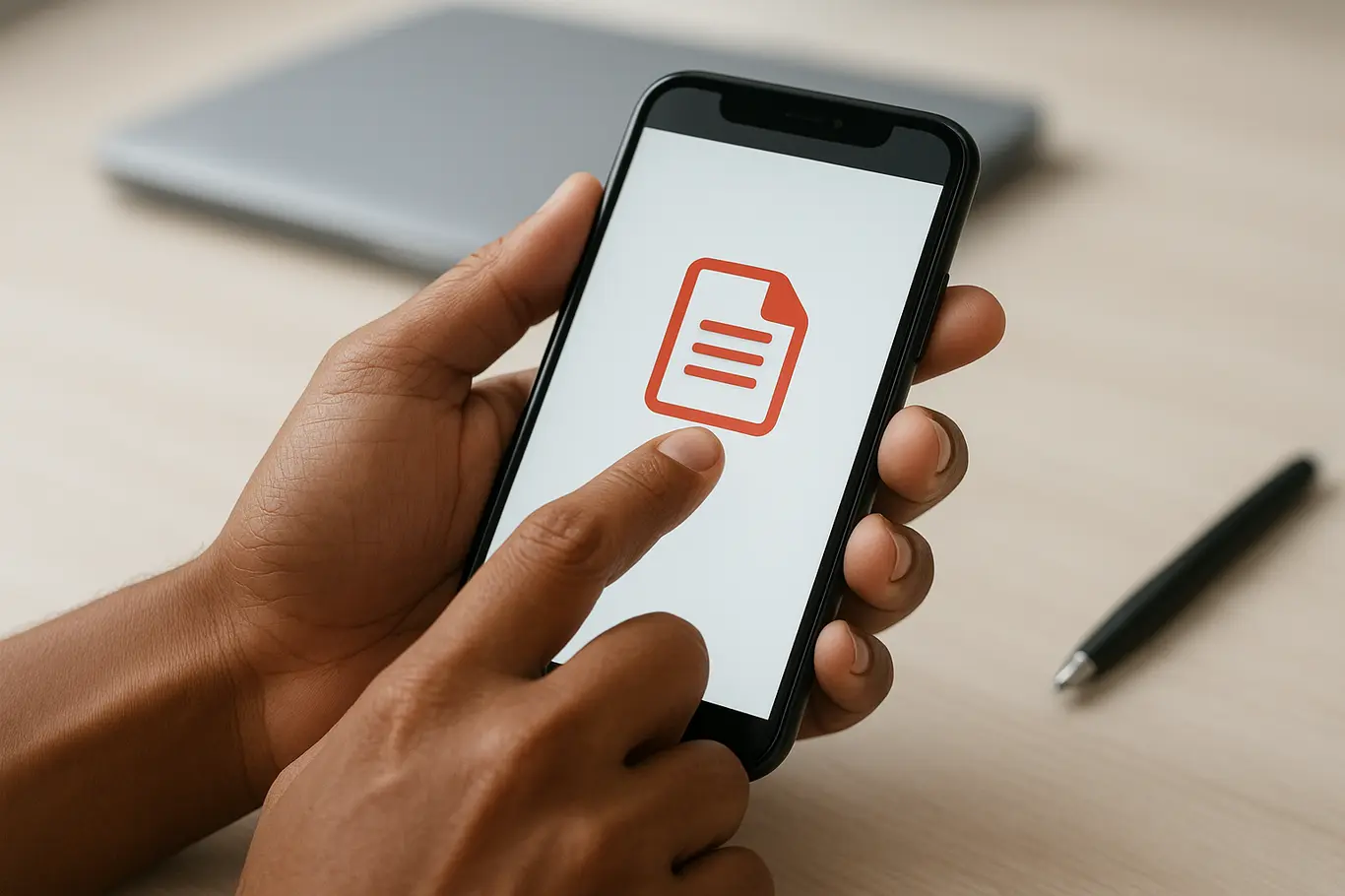 Close-up de mãos interagindo com smartphone que mostra miniatura de documento genérico, fundo de workspace desfocado