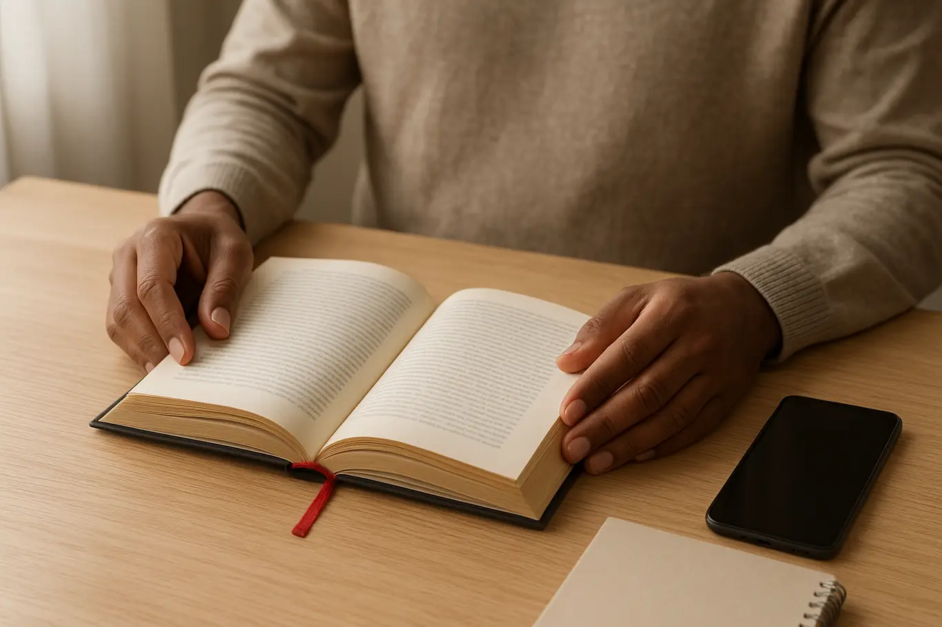 Mãos segurando livro aberto sobre mesa de madeira clara, marcador vermelho e smartphone com tela apagada ao lado.