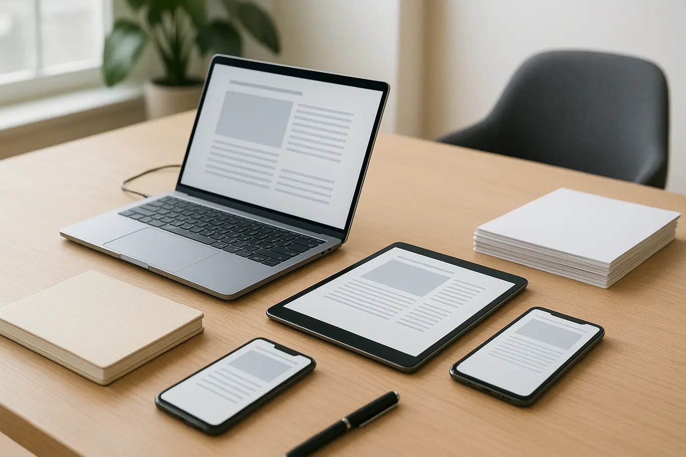 Workspace minimalista com notebook, tablet e smartphone exibindo documentos genéricos