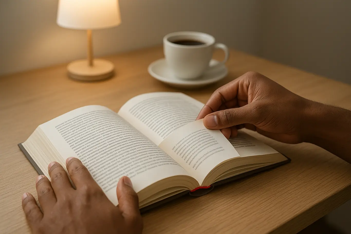 Livro aberto sobre mesa de madeira com mãos virando a página e marcador vermelho