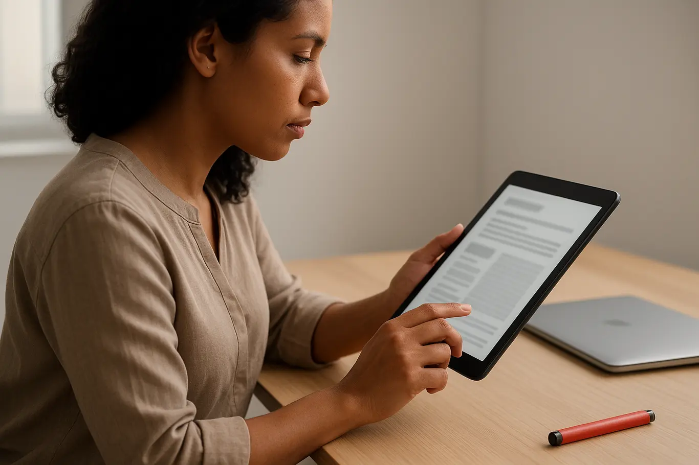 Pessoa brasileira de três quartos usando tablet com documento borrado, mãos interagindo, mesa organizada