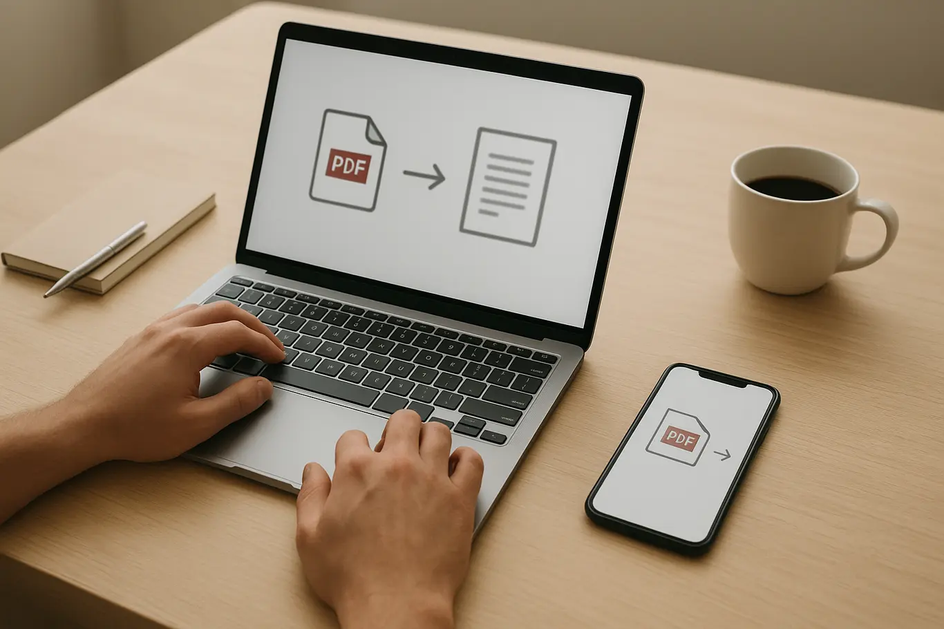Workspace com notebook aberto e smartphone ao lado, mãos perto do teclado, ambiente organizado