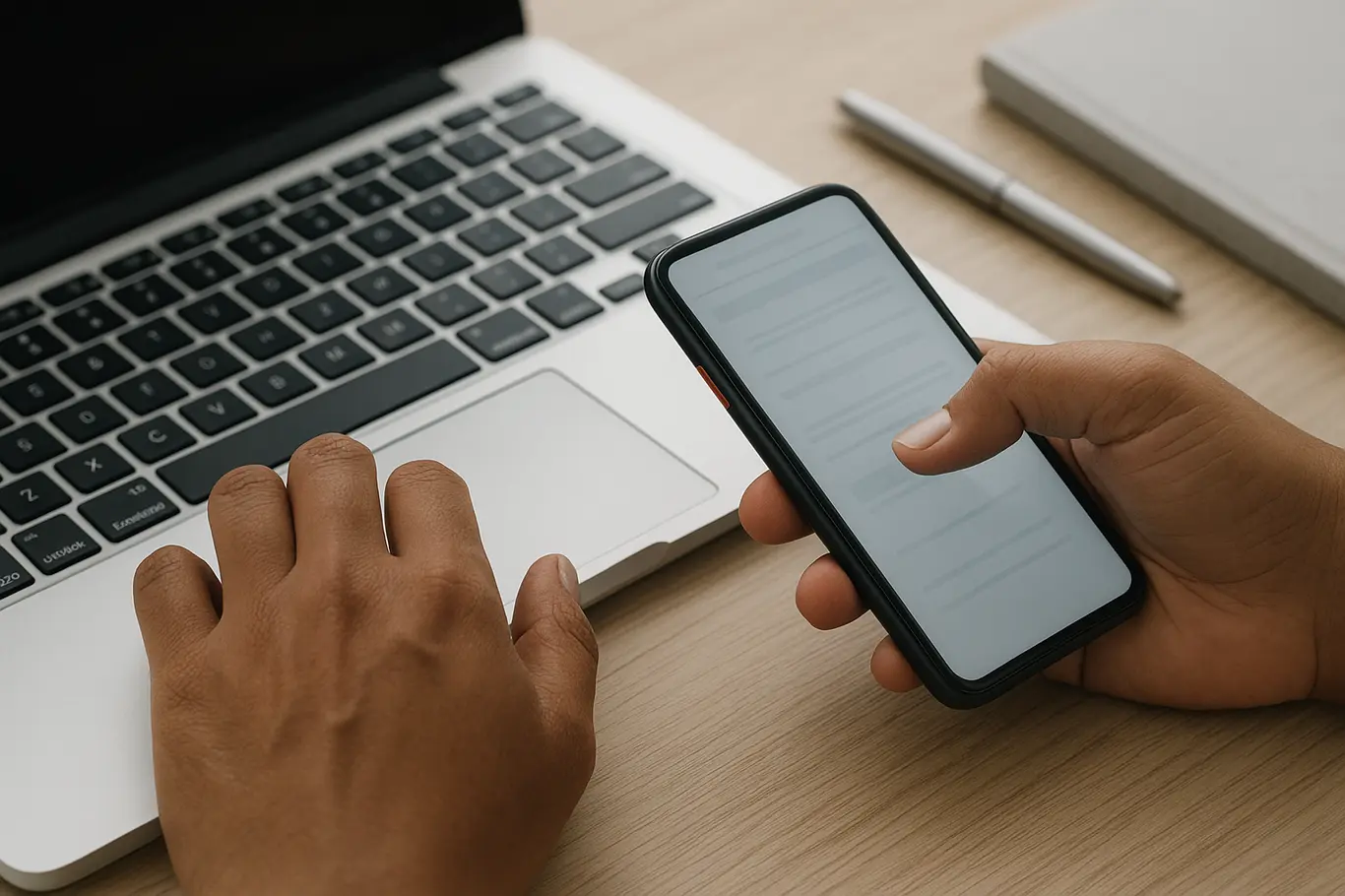 Close-up de mãos brasileiras interagindo com notebook e smartphone, tela do documento desfocada, detalhe editorial neutro
