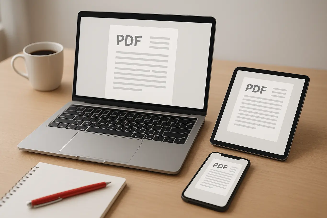 Workspace aberto com notebook, tablet e smartphone mostrando documentos PDF genéricos