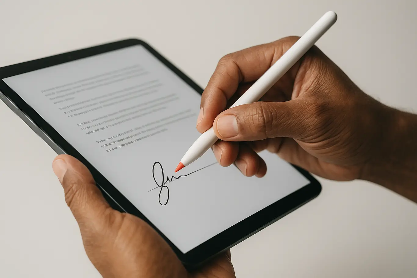 Close-up de mãos brasileiras assinando PDF em smartphone com stylus, detalhe da assinatura na tela