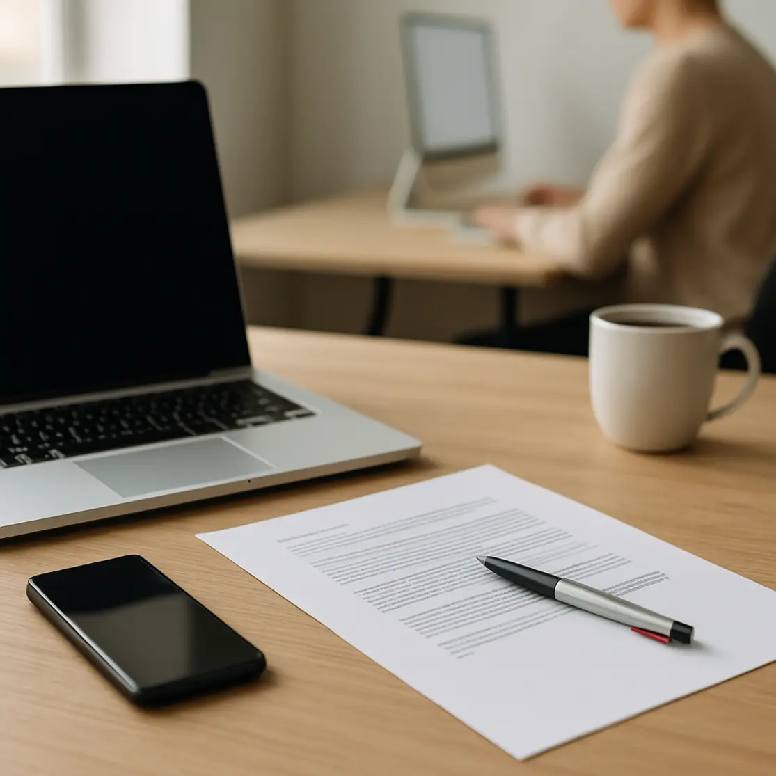 Workspace com notebook, smartphone e documento impresso com caneta, pessoa desfocada ao fundo