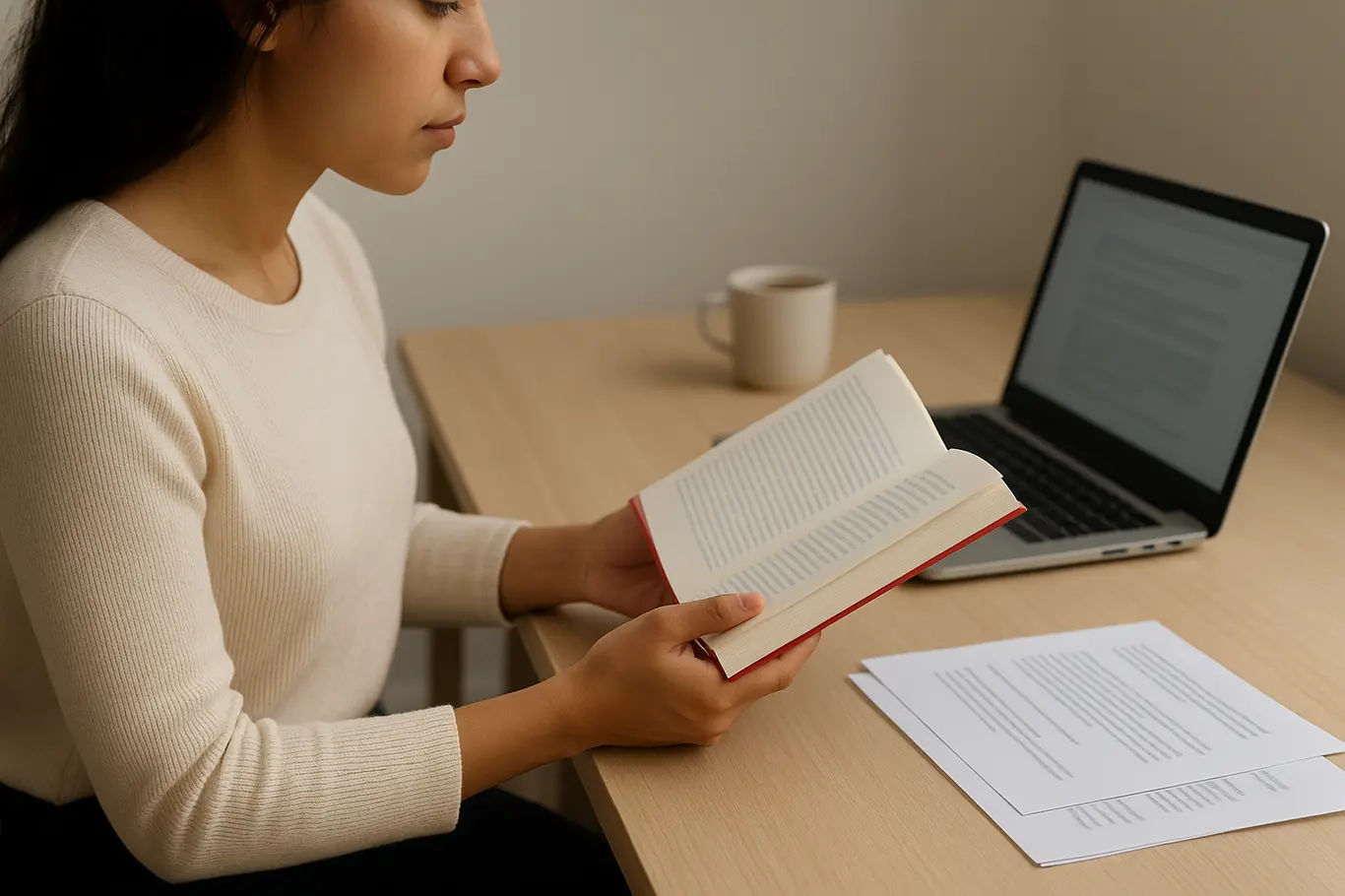 Pessoa de perfil lendo livro de capa lisa ao lado de notebook com documento desfocado