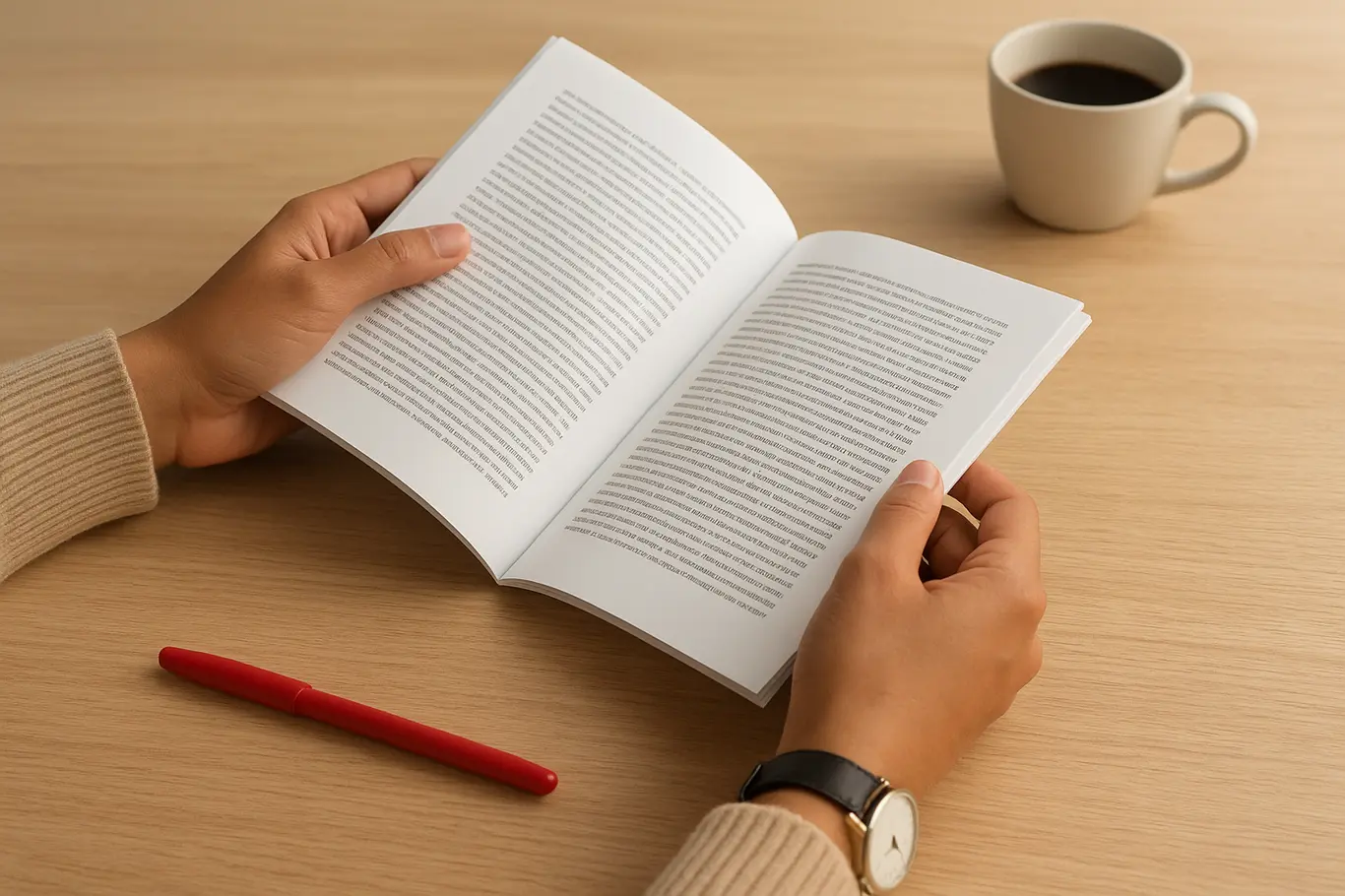 Mãos folheando um livro impresso sobre mesa clara, visão editorial das páginas do PDF