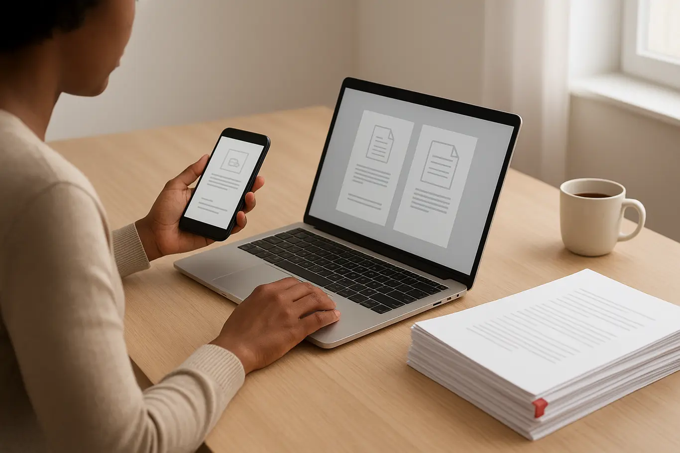 Workspace aberto com notebook e smartphone mostrando PDFs, pessoa de lado sem rosto visível