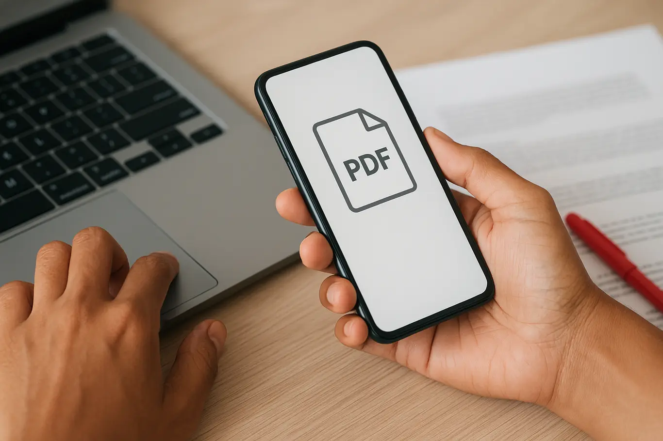 Close-up de mãos manipulando teclado e smartphone com pré-visualização de PDF, marcador vermelho ao lado