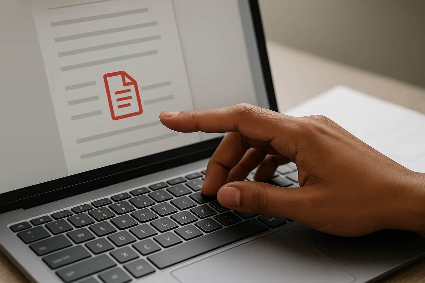 Close-up das mãos de uma pessoa interagindo com teclado e touchscreen, tocando ícone genérico para separar páginas de um PDF