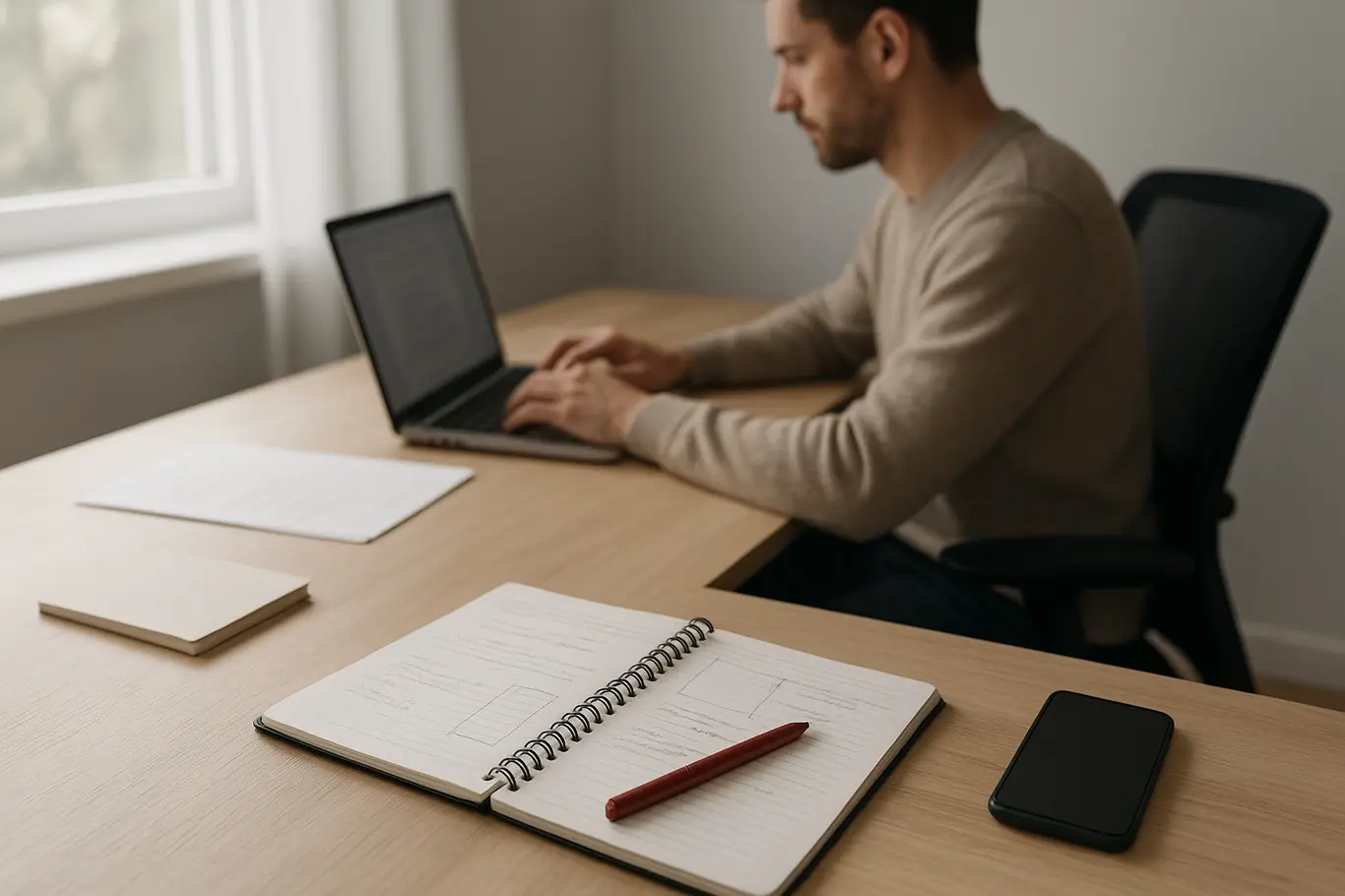 Workspace amplo com pessoa ao fundo trabalhando em notebook e smartphone, anotações e marcador vermelho sobre mesa de madeira
