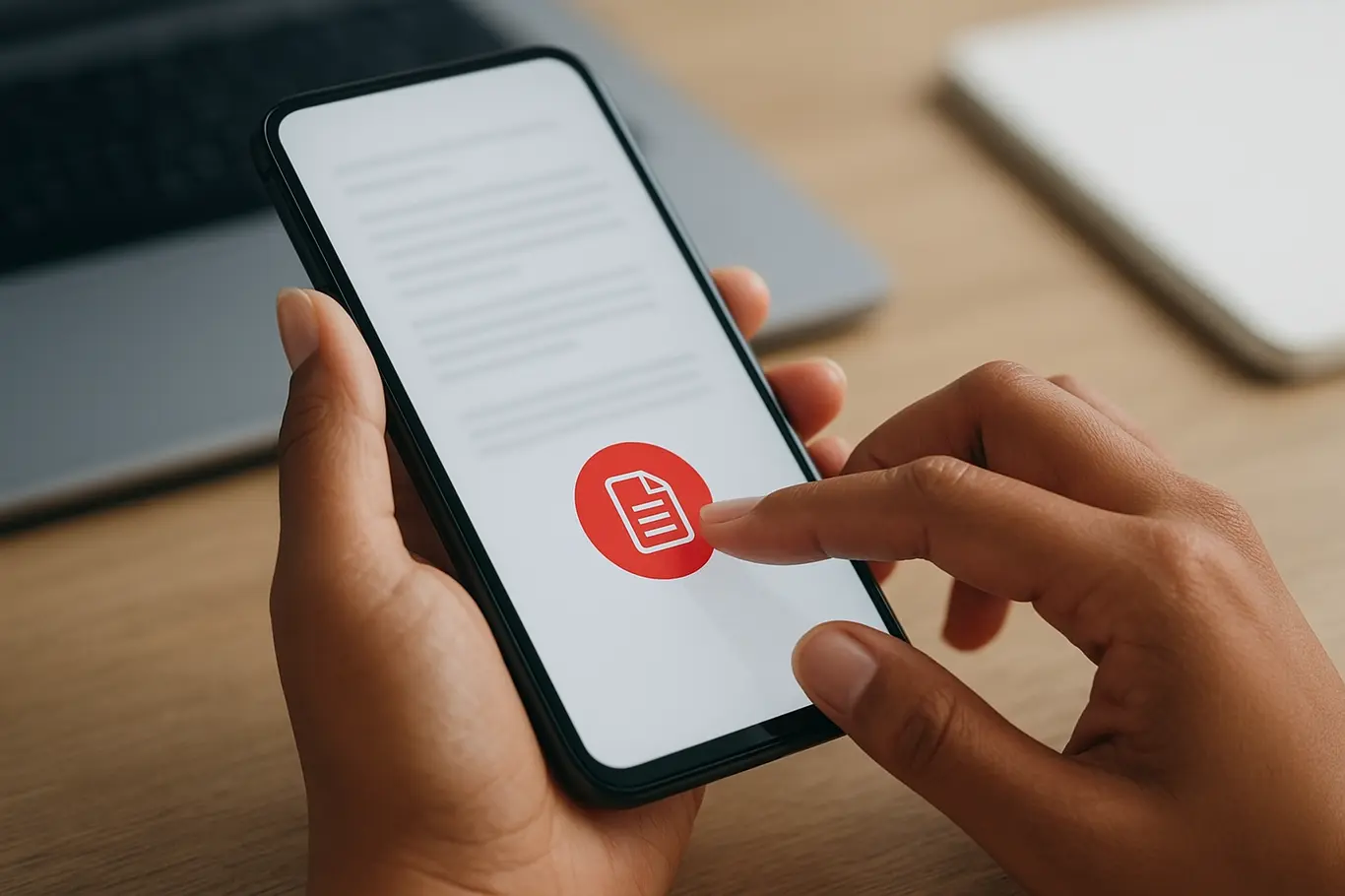 Close-up das mãos tocando botão vermelho em smartphone para exportar documento em PDF