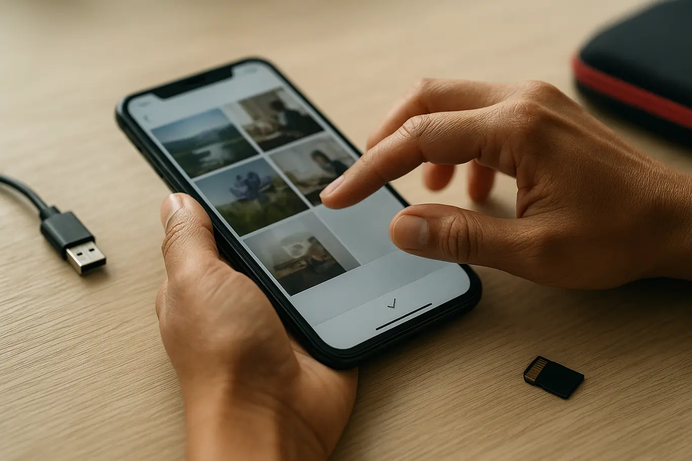 Close-up das mãos manipulando smartphone com pré-visualização de foto sendo convertida em PDF, foco nas mãos