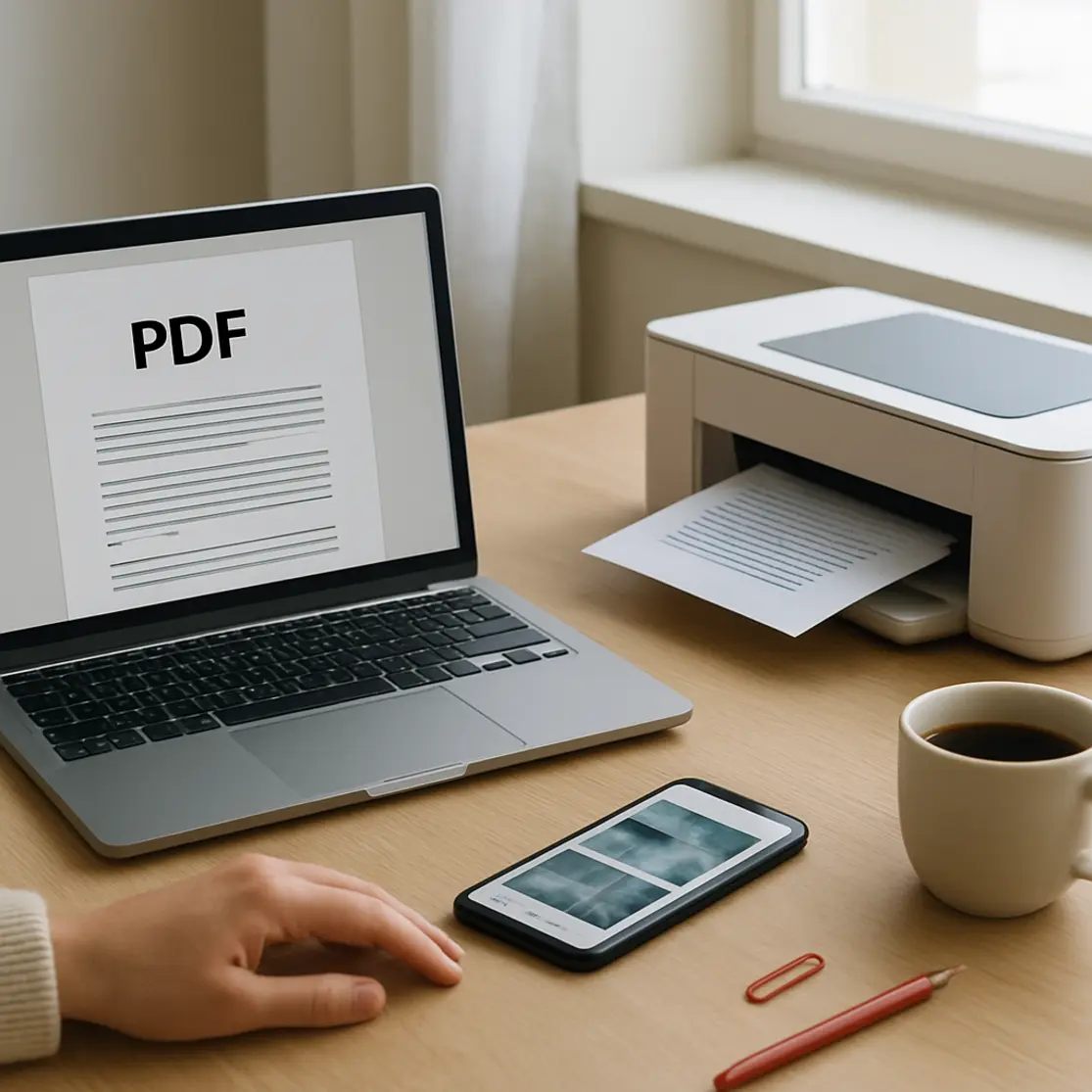 Workspace amplo com notebook, smartphone, impressora e folhas, mostrando o fluxo de transformar fotos em PDF