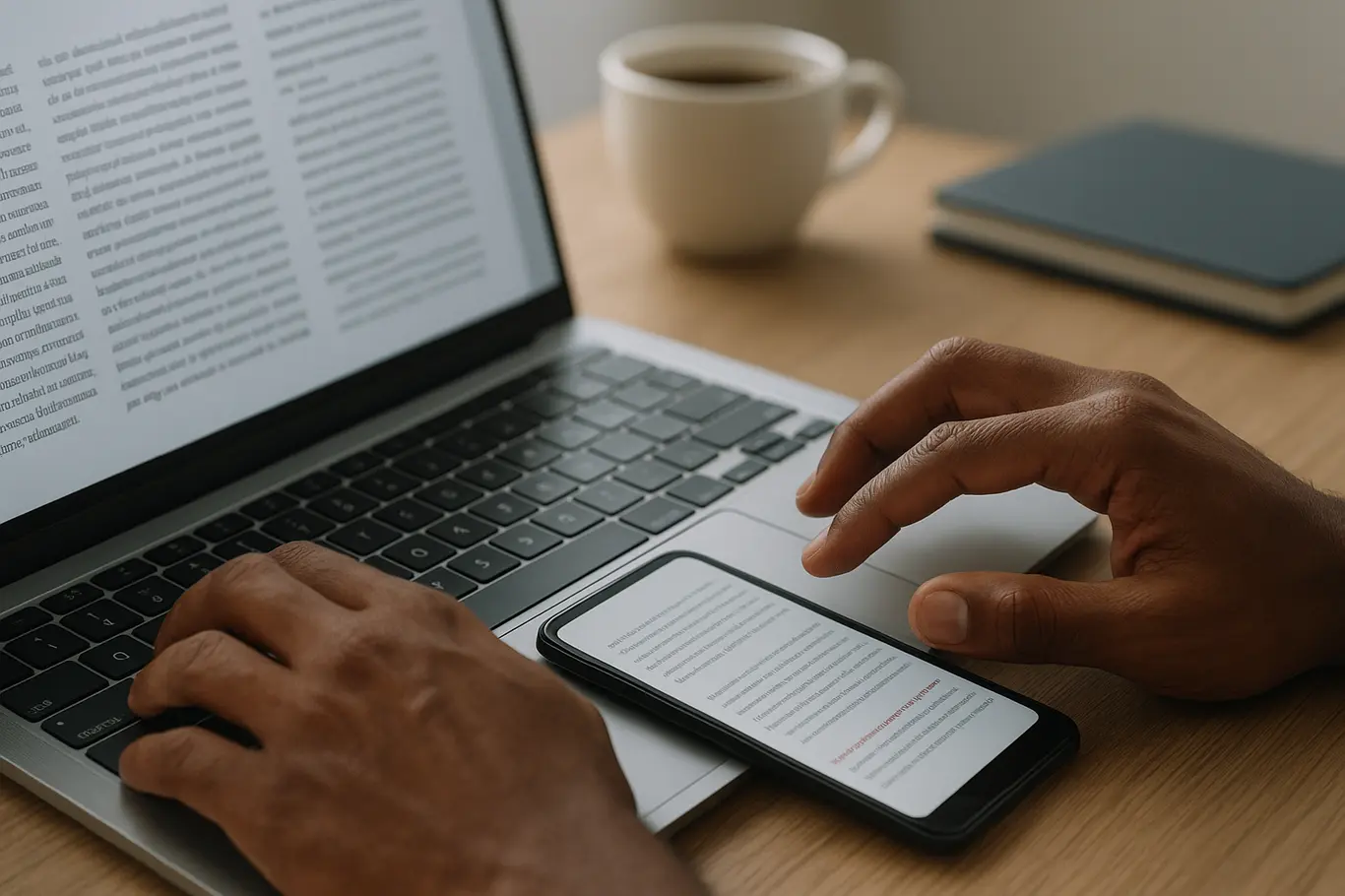 Close-up de mãos brasileiras interagindo com notebook e smartphone exibindo tradução de um PDF genérico, detalhe do destaque em vermelho.