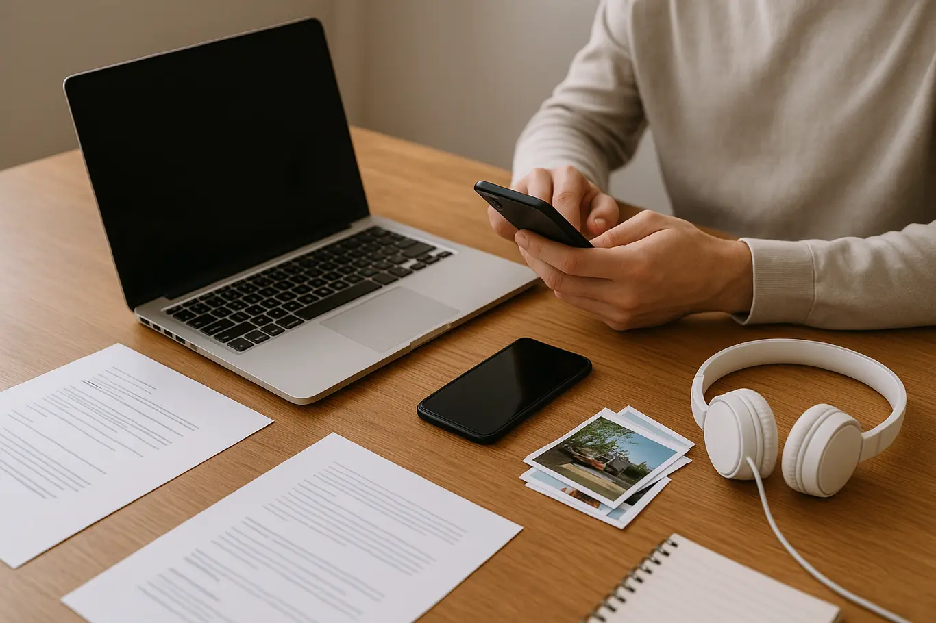 Mesa de trabalho com laptop, smartphone e impressões fotográficas, sugerindo conversão de PDF para JPG