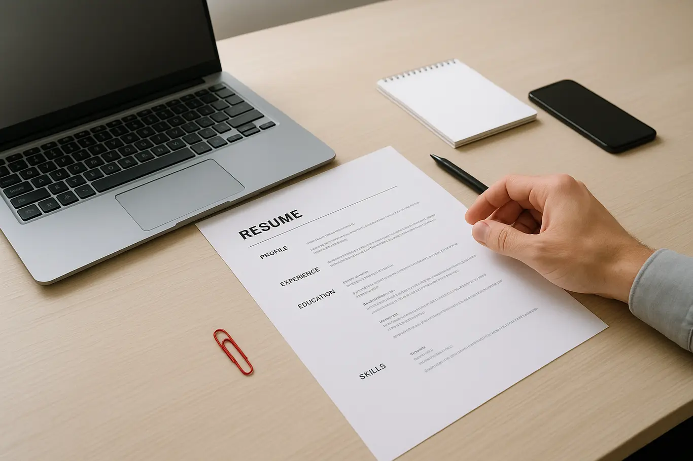 Workspace aberto com notebook, smartphone e currículo impresso sobre mesa de madeira clara