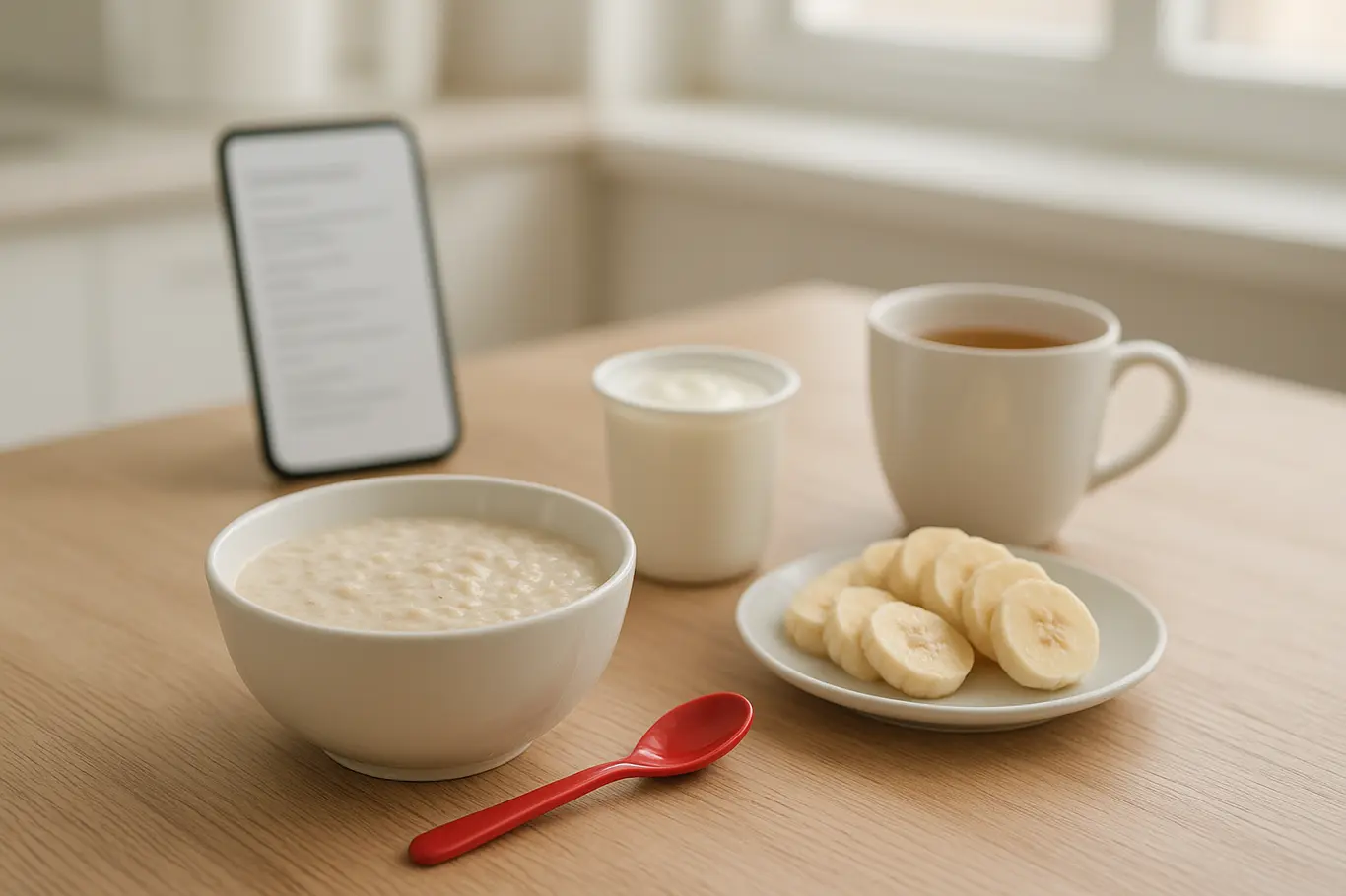 Mesa com mingau, banana e iogurte ao lado de folheto PDF desfocado