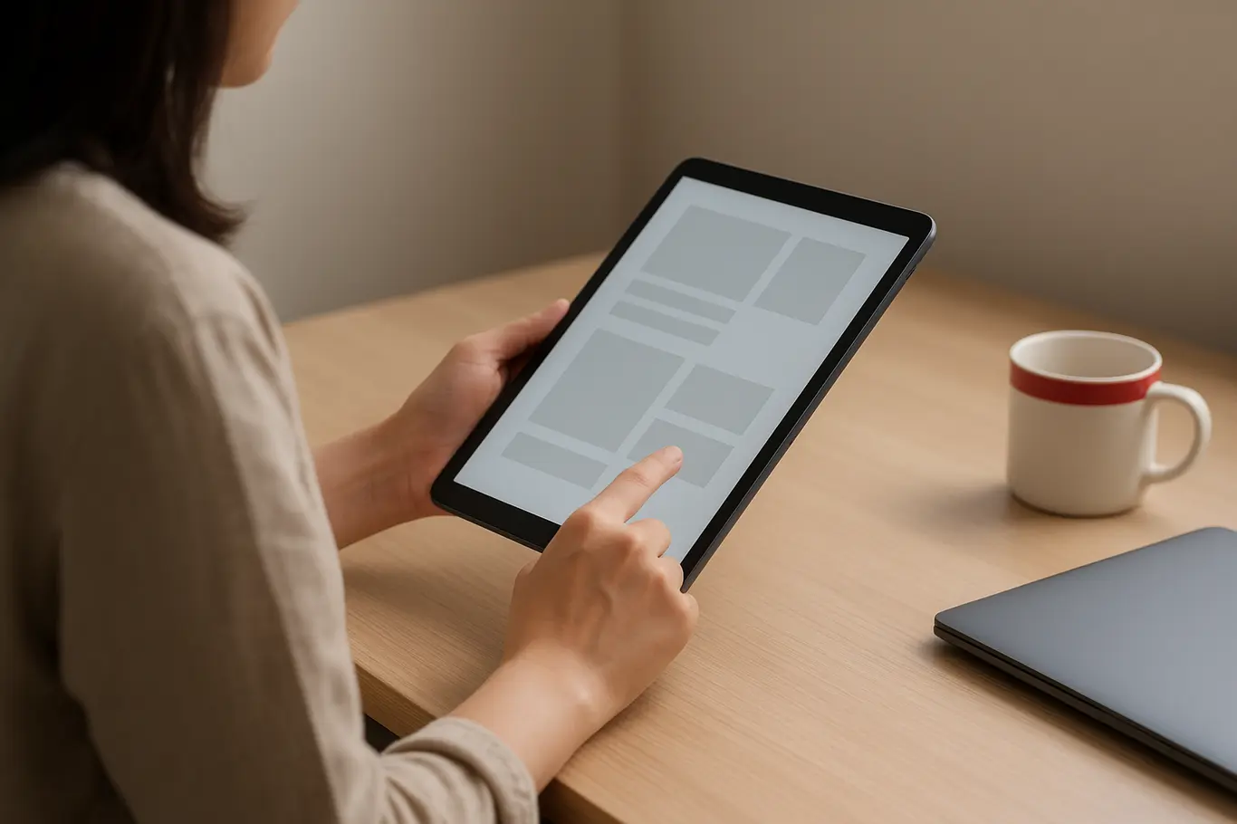 Pessoa brasileira de perfil usando tablet em mesa clara com layout de documento abstrato na tela.