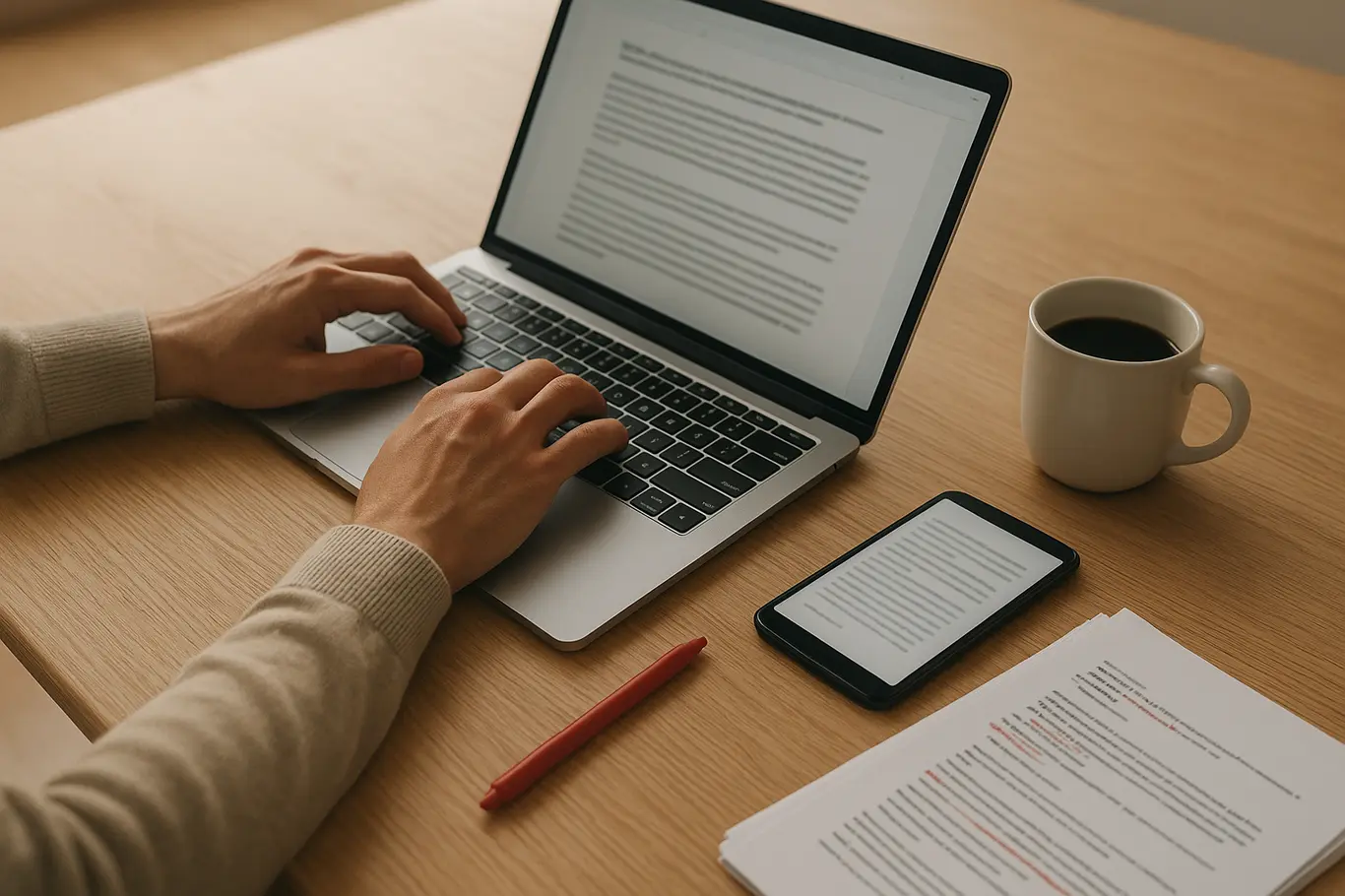 Workspace amplo com notebook, smartphone e folhas impressas com anotações desfocadas