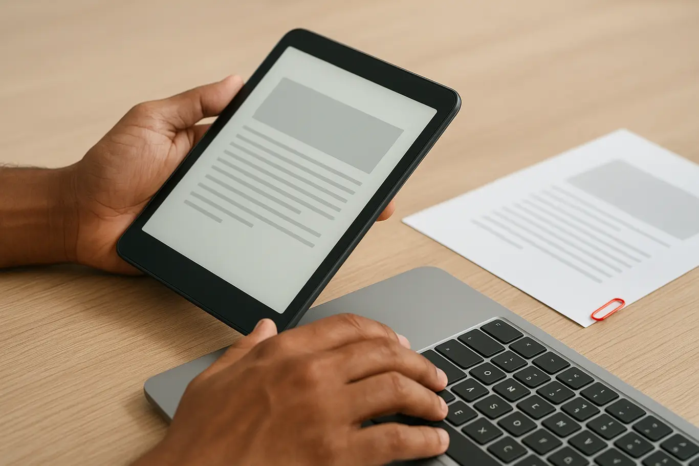 Close-up das mãos interagindo com tablet e teclado, documento PDF genérico ao lado com clipe vermelho