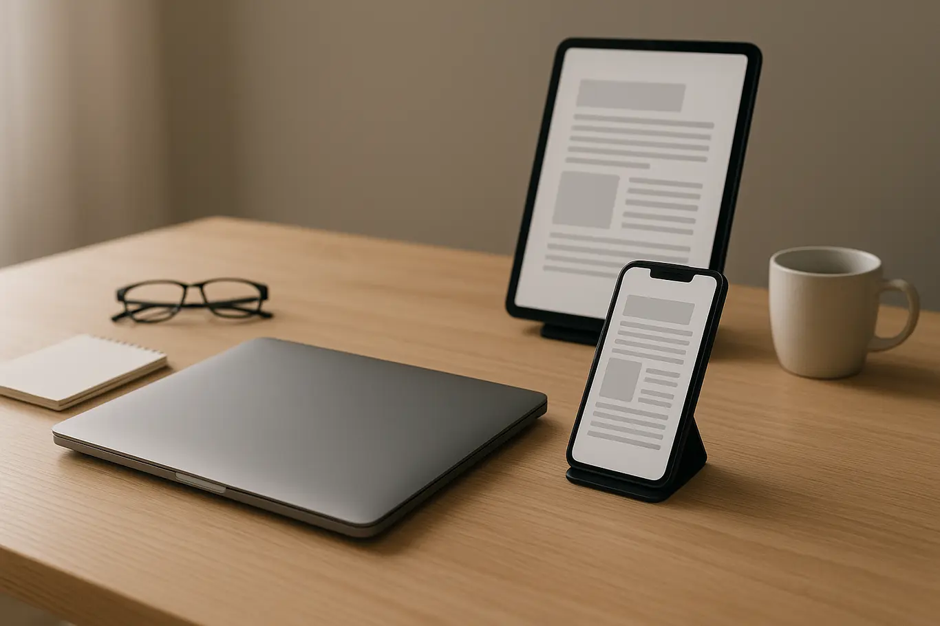 Workspace aberto com notebook, smartphone e tablet exibindo miniaturas de documentos sobre mesa de madeira clara