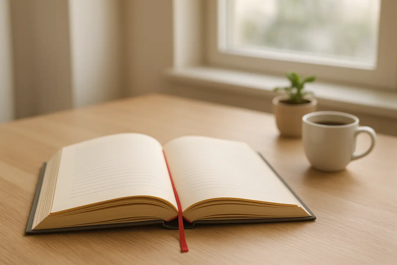Cantinho de leitura com livro aberto, marcador vermelho e xícara de café sobre mesa clara